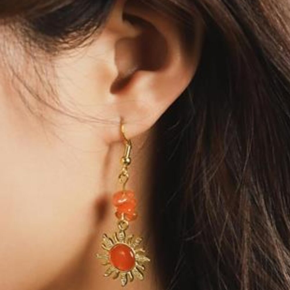 Boho Sunburst Earrings – Natural Stone Statement Earrings in Warm Orange
